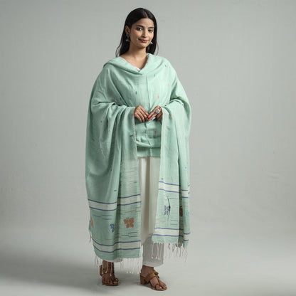 Green - Phulia Jamdani Buti Handloom Pure Cotton Dupatta 01