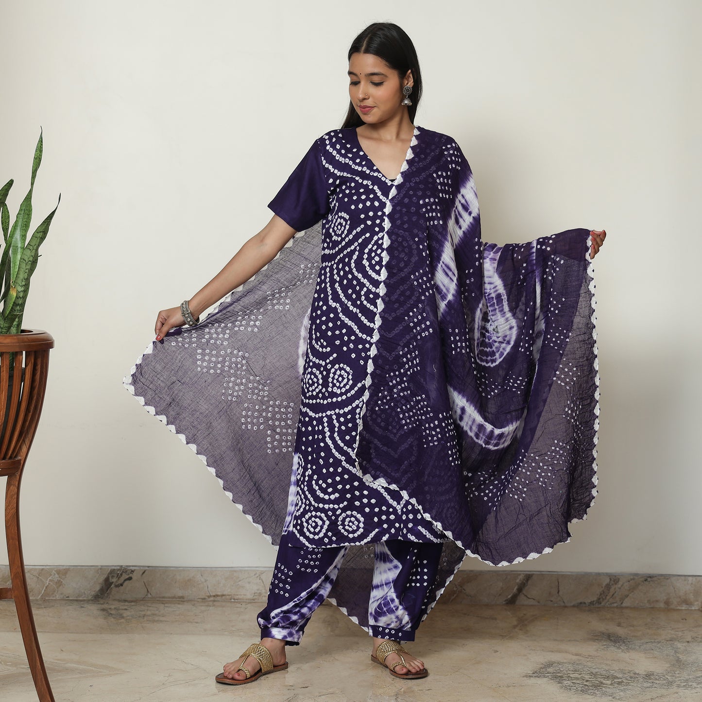Blue - Bandhani Tie-Dye Cotton Kurta with Afghani Salwar & Dupatta Set 03