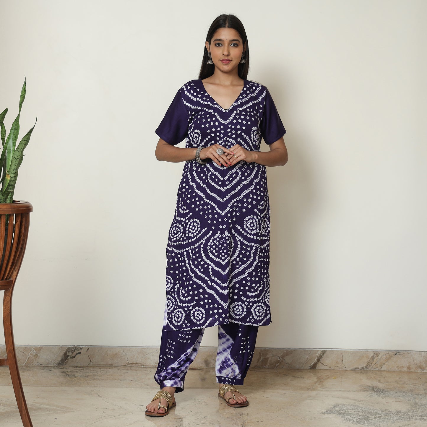 Blue - Bandhani Tie-Dye Cotton Kurta with Afghani Salwar & Dupatta Set 03