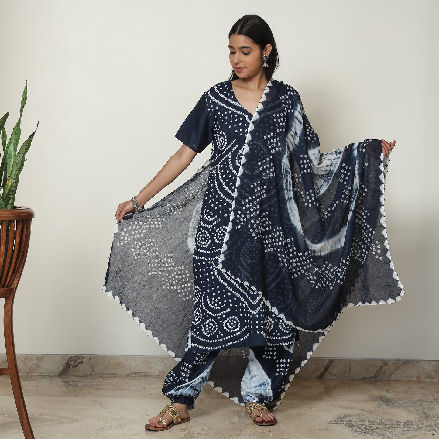 Blue - Bandhani Tie-Dye Cotton Kurta with Afghani Salwar & Dupatta Set 04
