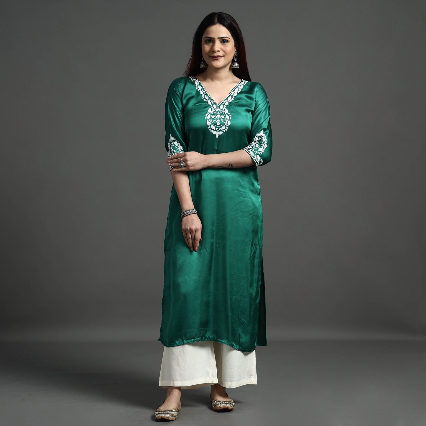 Navy Blue Modal Silk Hand Embroidered Long Kurta