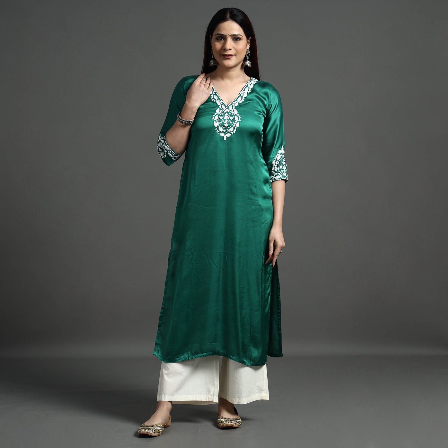 Navy Blue Modal Silk Hand Embroidered Long Kurta