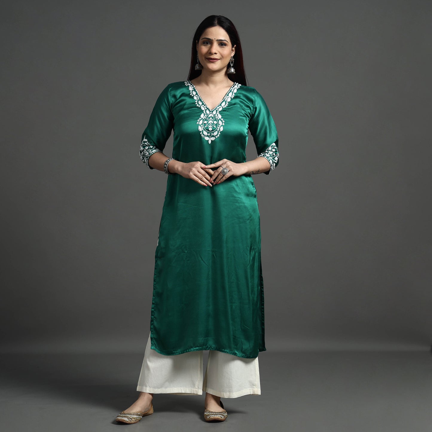 Navy Blue Modal Silk Hand Embroidered Long Kurta