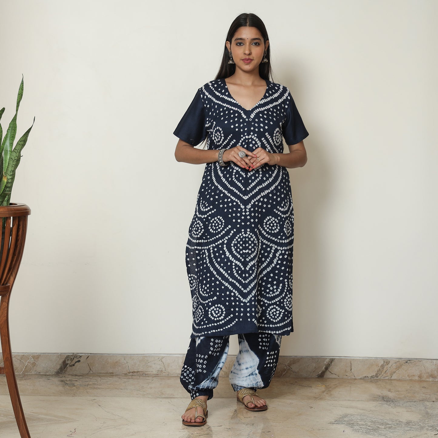 Blue - Bandhani Tie-Dye Cotton Kurta with Afghani Salwar & Dupatta Set 04