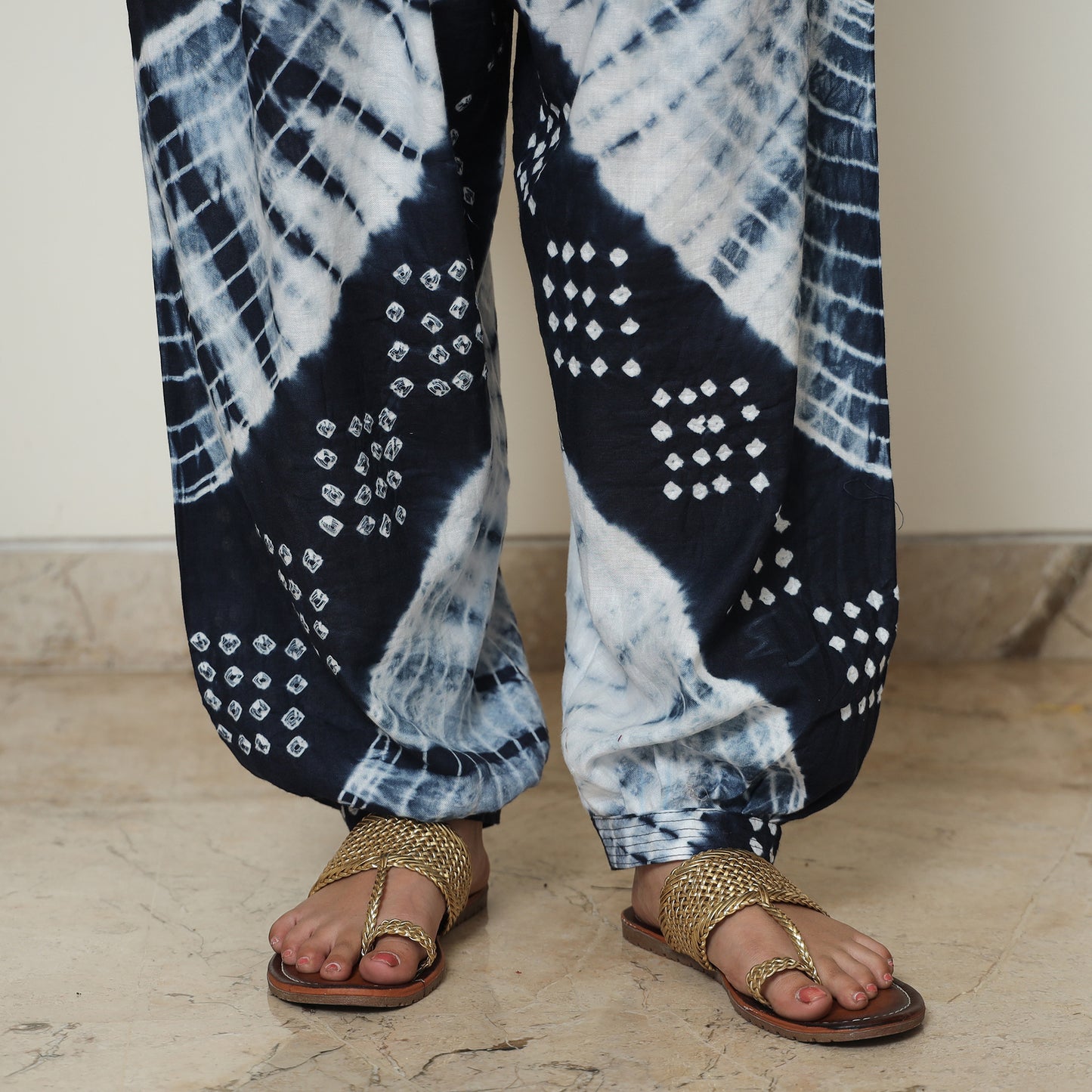 Blue - Bandhani Tie-Dye Cotton Kurta with Afghani Salwar & Dupatta Set 04