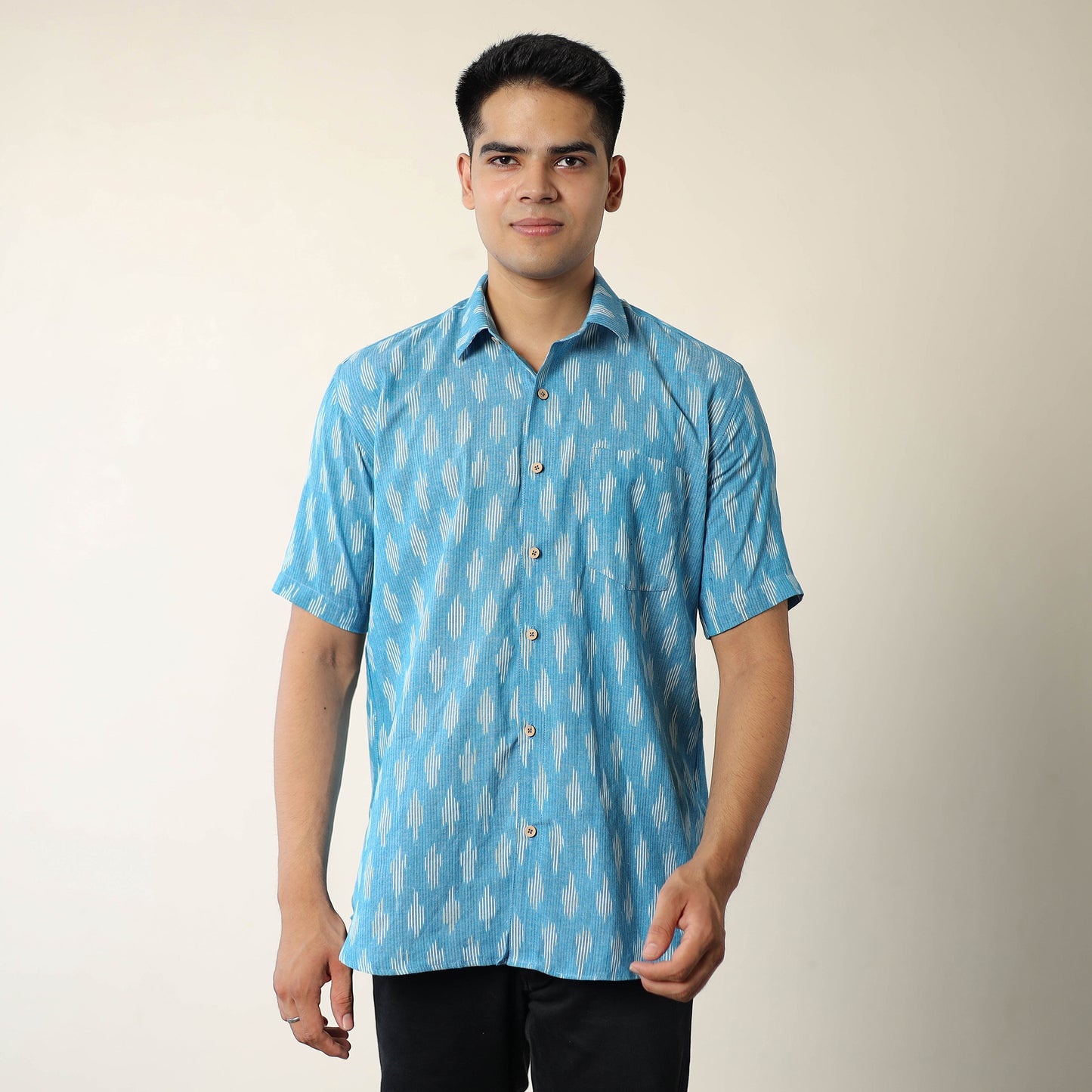 Blue - Pochampally Ikat Weave Cotton Men Half Sleeve Shirt 01