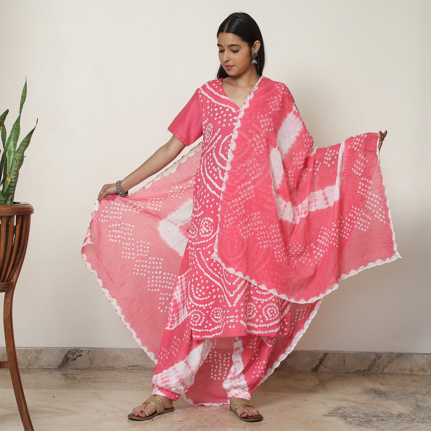 Pink - Bandhani Tie-Dye Cotton Kurta with Afghani Salwar & Dupatta Set 05