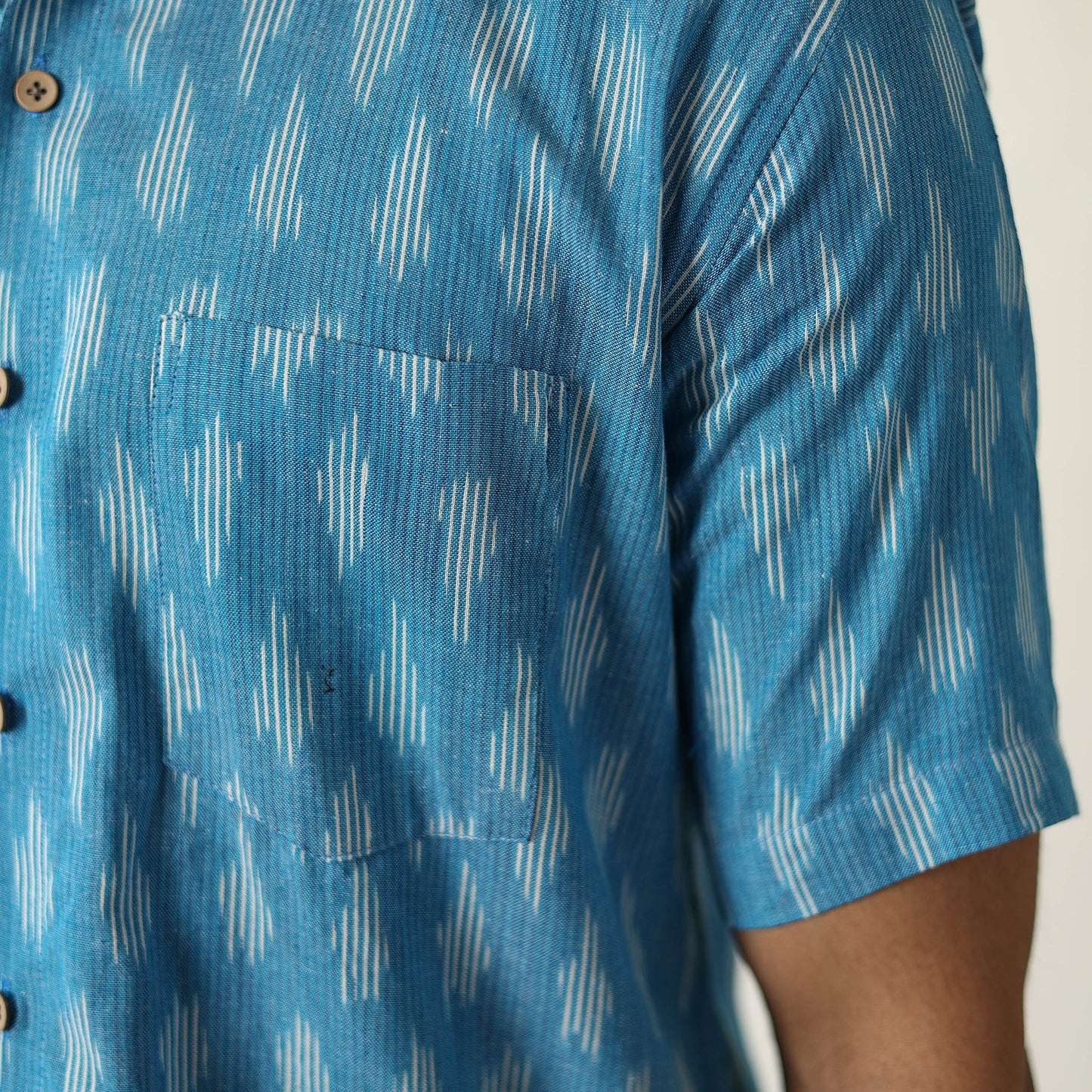 Blue - Pochampally Ikat Weave Cotton Men Half Sleeve Shirt 01