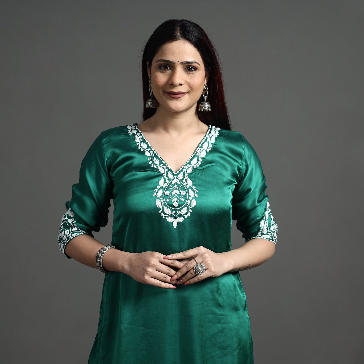 Navy Blue Modal Silk Hand Embroidered Long Kurta
