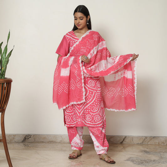 Bandhani Tie-Dye Cotton Kurta with Afghani Salwar & Dupatta Set 05
