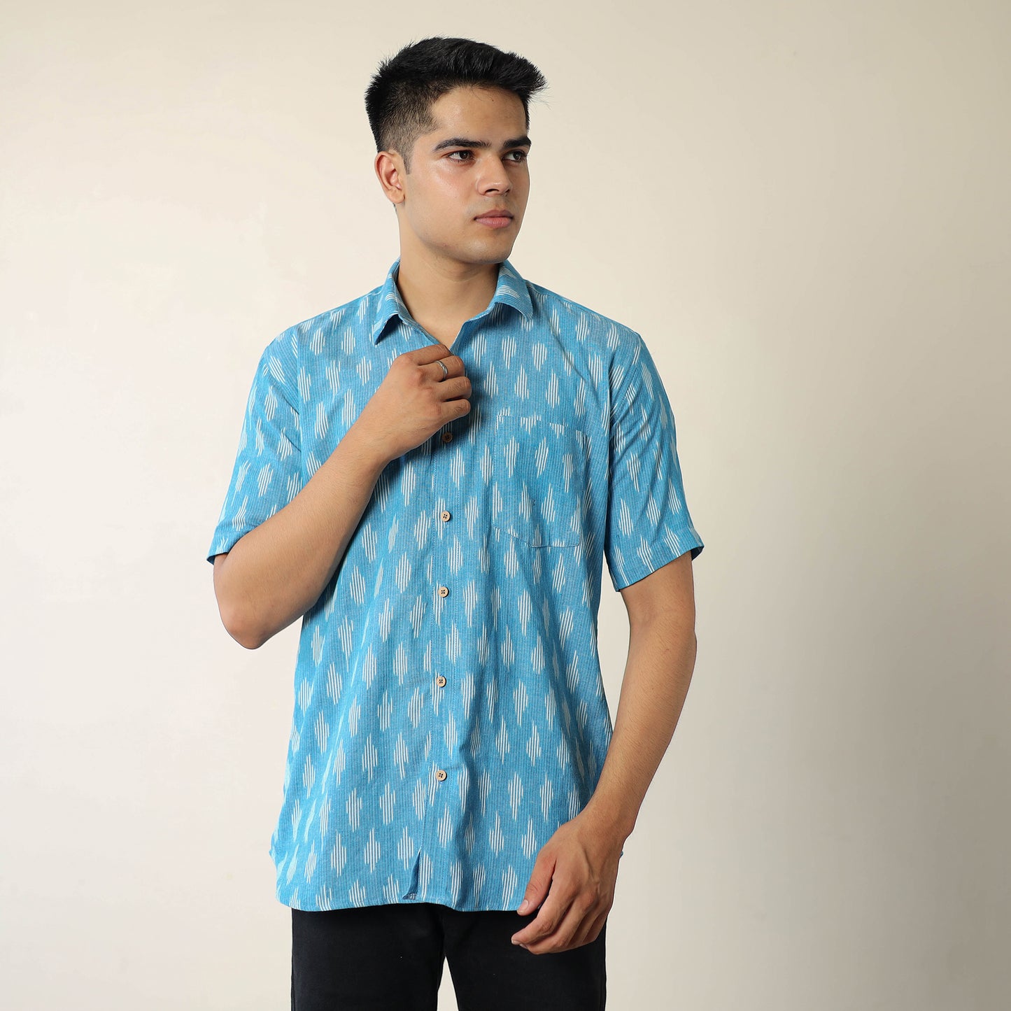 Blue - Pochampally Ikat Weave Cotton Men Half Sleeve Shirt 01