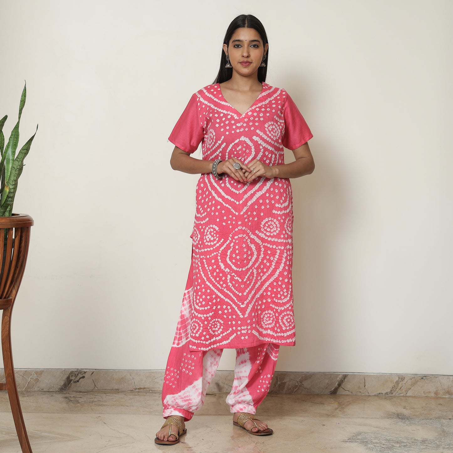 Pink - Bandhani Tie-Dye Cotton Kurta with Afghani Salwar & Dupatta Set 05