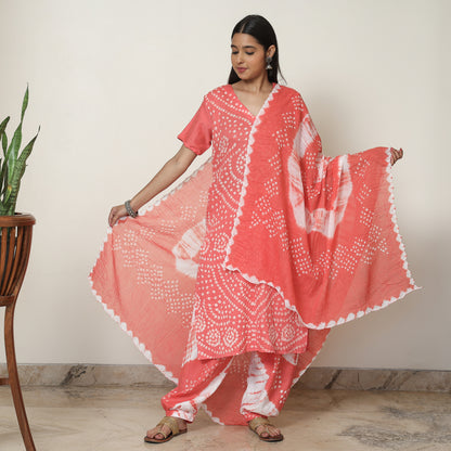Bandhani Tie-Dye Cotton Kurta with Afghani Salwar & Dupatta Set 06