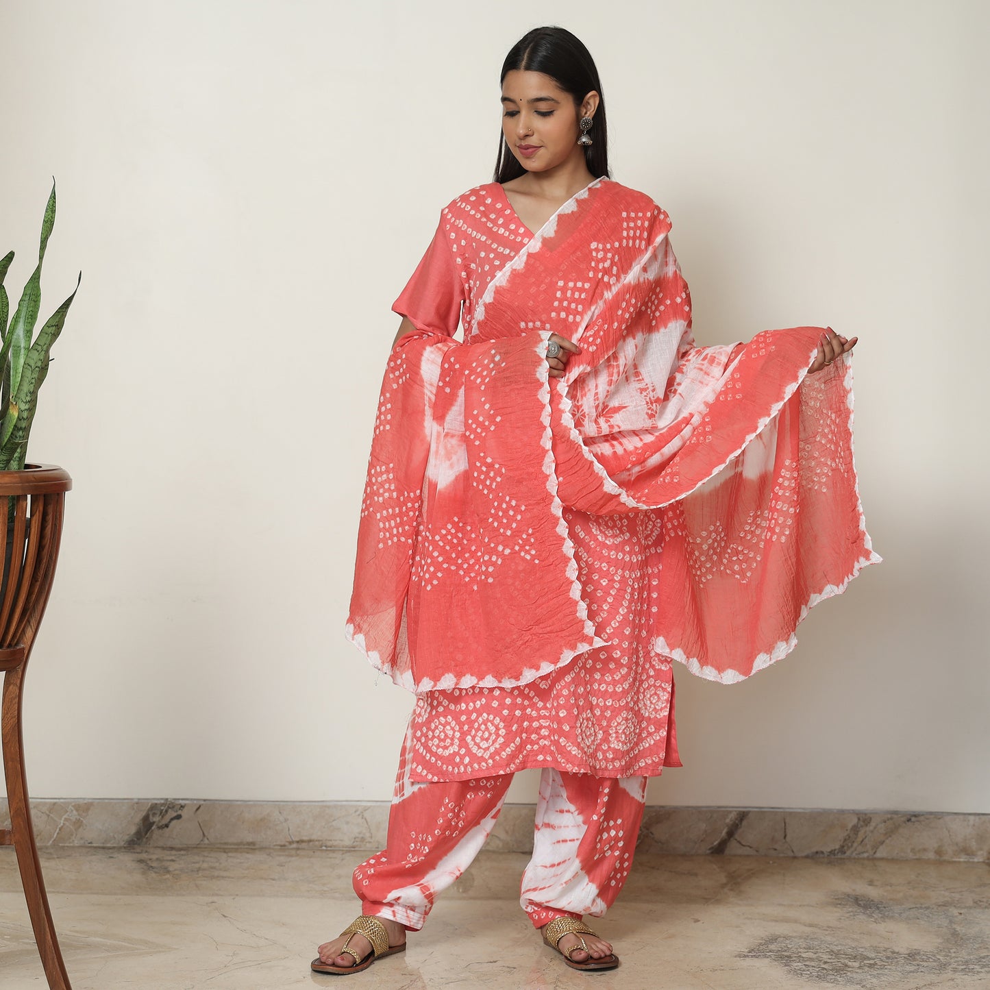 Peach - Bandhani Tie-Dye Cotton Kurta with Afghani Salwar & Dupatta Set 06