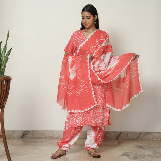Bandhani Tie-Dye Cotton Kurta with Afghani Salwar & Dupatta Set 06