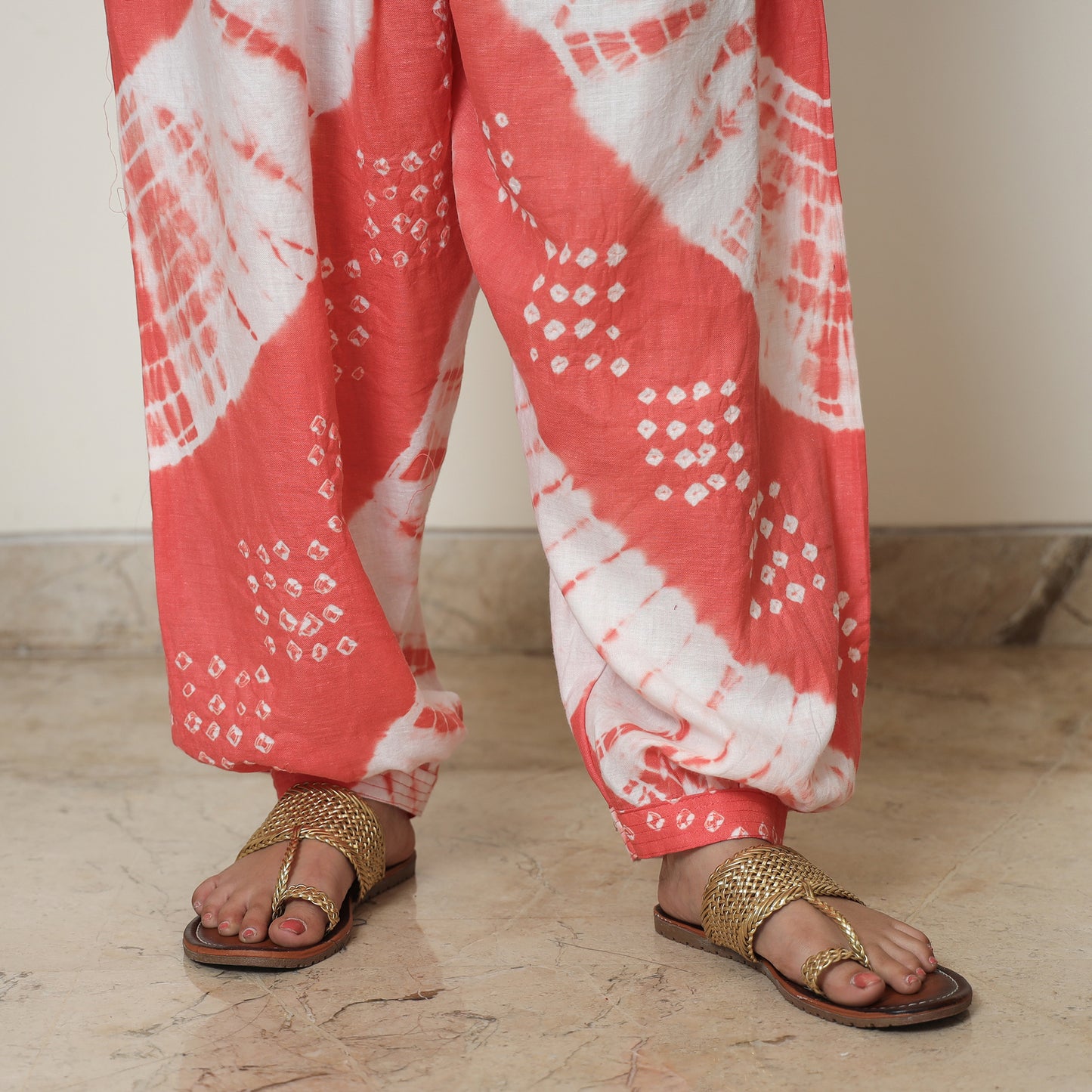 Peach - Bandhani Tie-Dye Cotton Kurta with Afghani Salwar & Dupatta Set 06