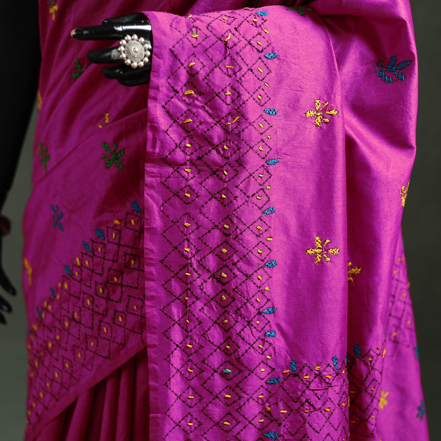 Purple - Bengal Nakshi Kantha Hand Embroidered Silk Saree 21