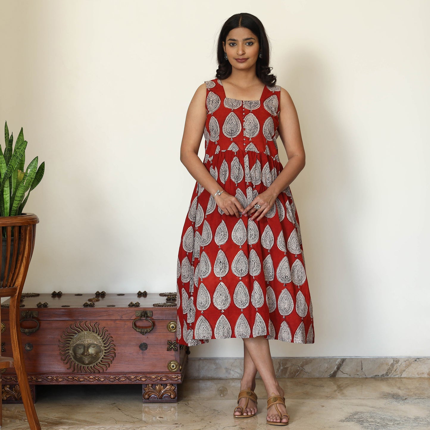 Red - Bagh Hand Block Printed Cotton Dress
