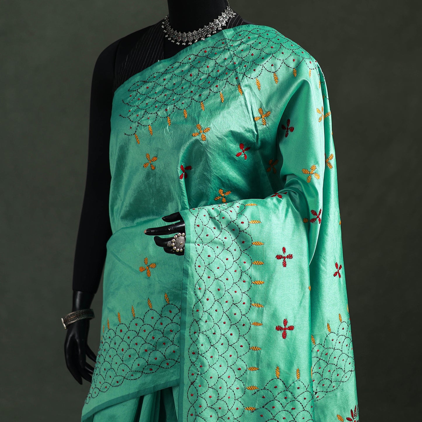 Green - Bengal Nakshi Kantha Hand Embroidered Silk Saree 23