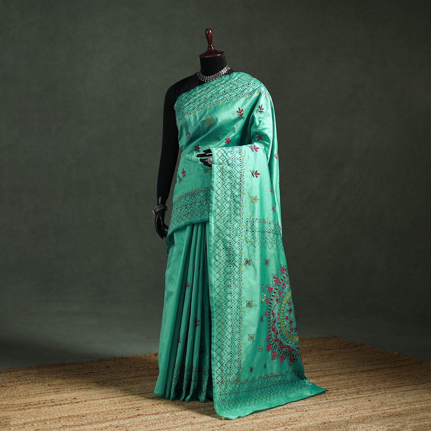 Green - Bengal Nakshi Kantha Hand Embroidered Silk Saree 24