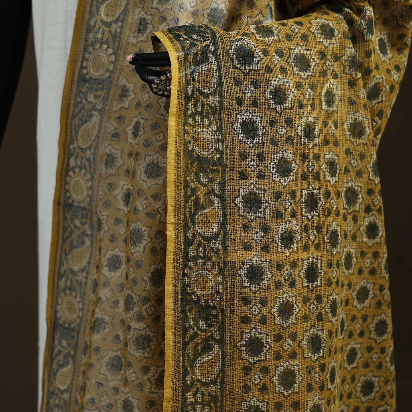 Yellow - Ajrakh Vanaspati Hand Block Print Natural Dyed Kota Doria Cotton Dupatta 10