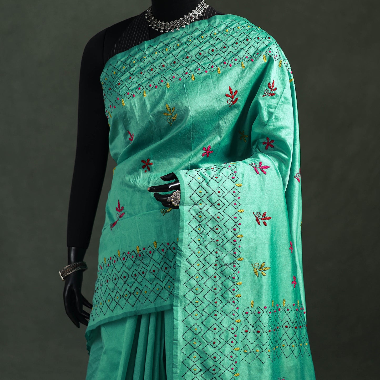 Green - Bengal Nakshi Kantha Hand Embroidered Silk Saree 24