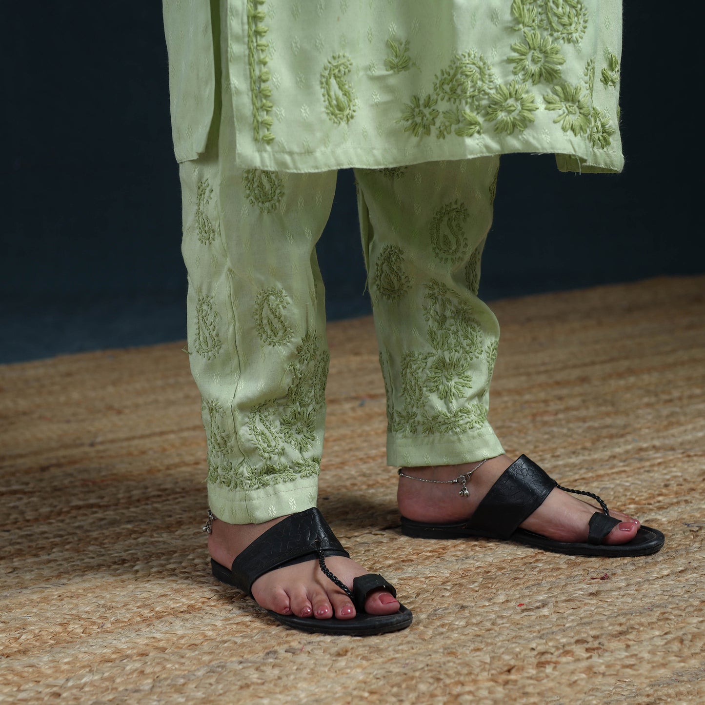Green - Hand Embroidered Rayon Cotton Chikankari Kurta with Pant Set for Women 17