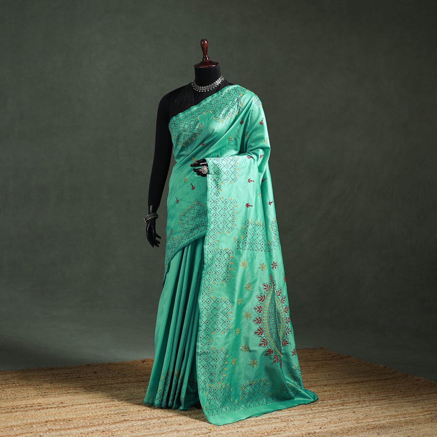 Green - Bengal Nakshi Kantha Hand Embroidered Silk Saree 25