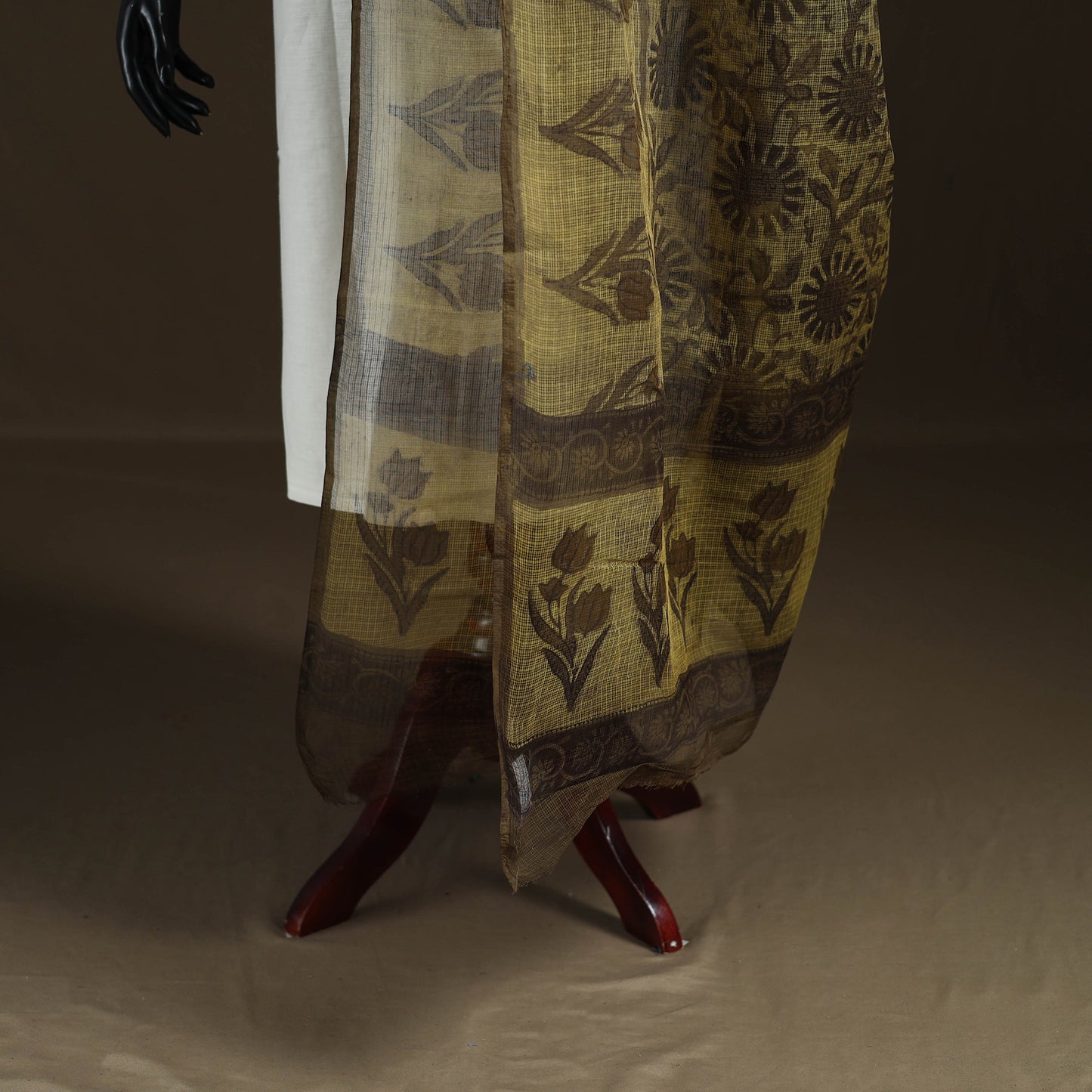 Brown - Ajrakh Vanaspati Hand Block Print Natural Dyed Kota Doria Cotton Dupatta 12
