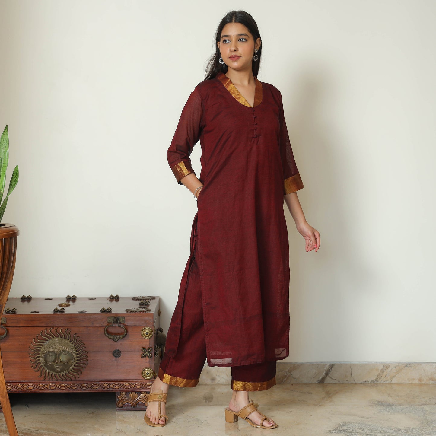 Maroon - Dharwad Cotton Kurta with Palazzo & Dupatta Set 09