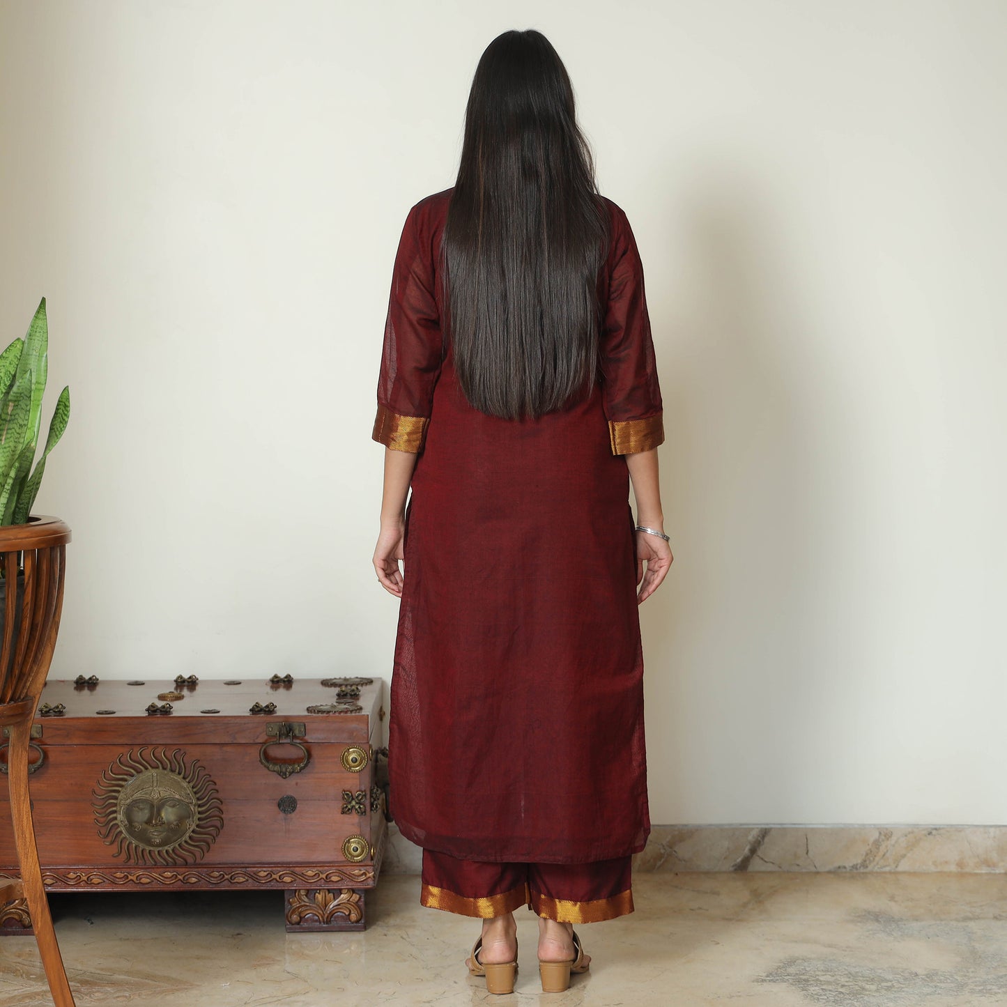 Maroon - Dharwad Cotton Kurta with Palazzo & Dupatta Set 09