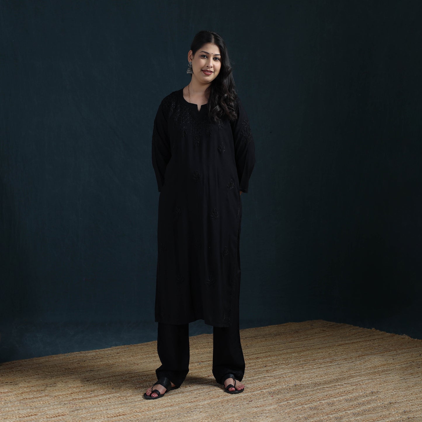 Black - Hand Embroidered Rayon Chikankari Kurta with Pant Set for Women 01
