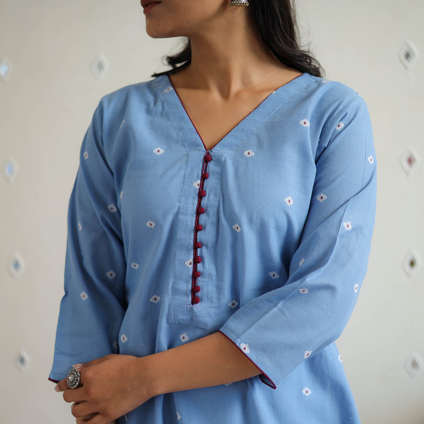 Blue - Pure Cotton A-Line Jacquard Kurta 06