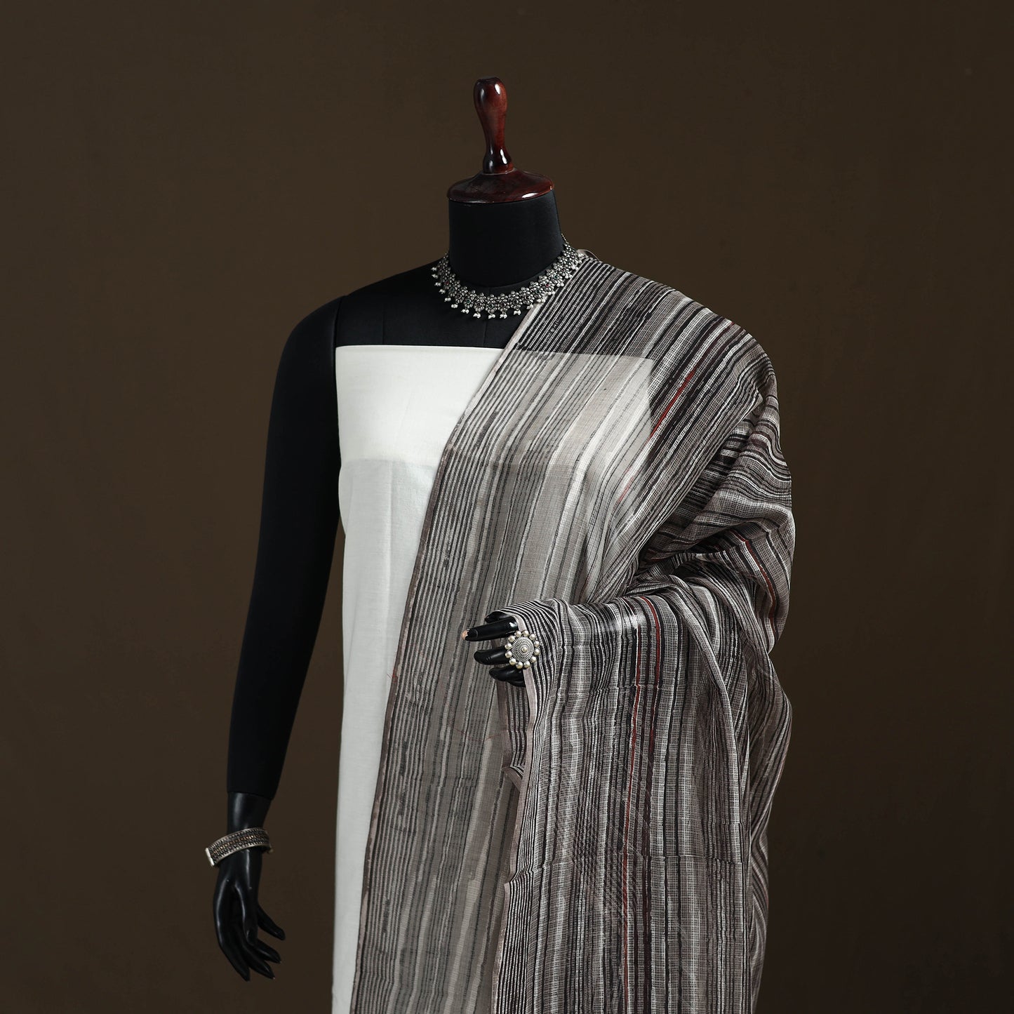 Grey - Gray - Ajrakh Vanaspati Hand Block Print Natural Dyed Kota Doria Cotton Dupatta 14