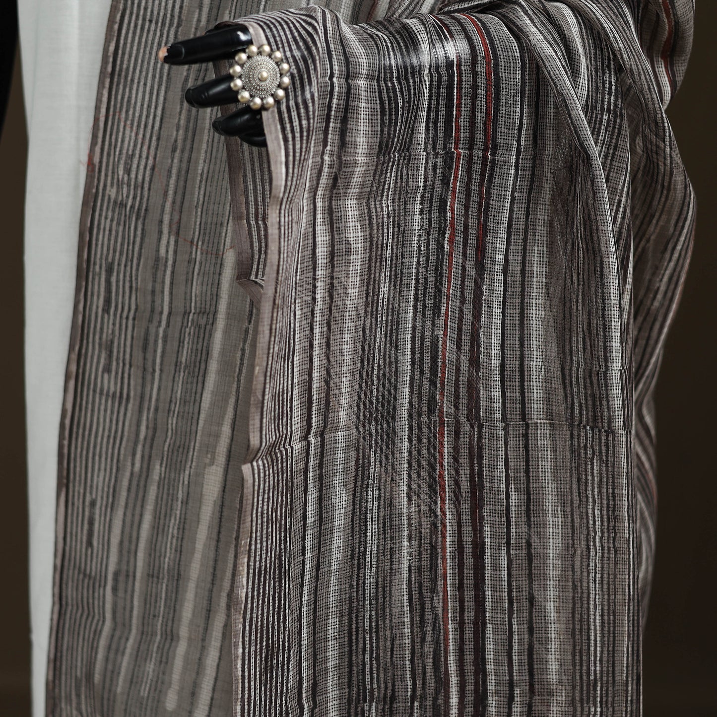 Grey - Gray - Ajrakh Vanaspati Hand Block Print Natural Dyed Kota Doria Cotton Dupatta 14