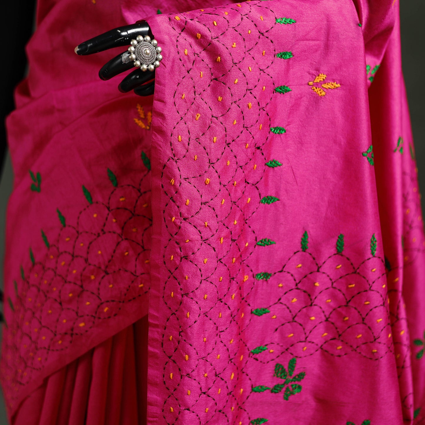 Pink - Bengal Nakshi Kantha Hand Embroidered Silk Saree 28