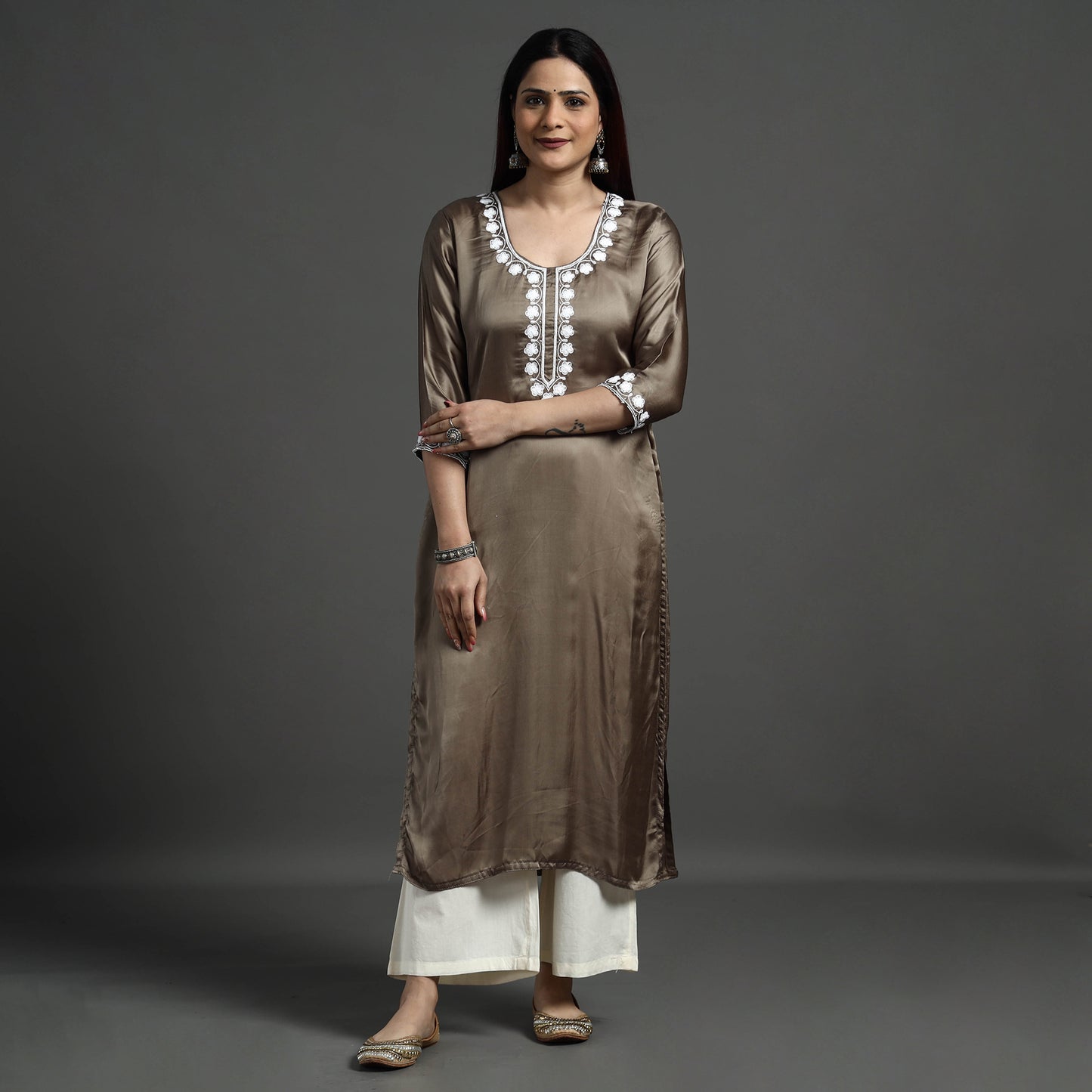 Buy Navy Blue Modal Silk Hand Embroidered Long Kurta l iTokri.com