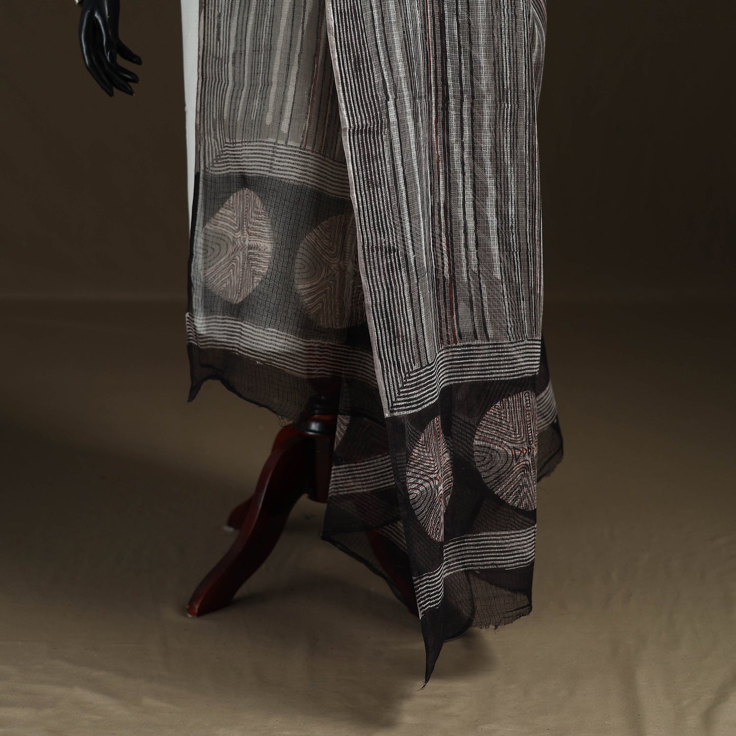 Grey - Gray - Ajrakh Vanaspati Hand Block Print Natural Dyed Kota Doria Cotton Dupatta 14