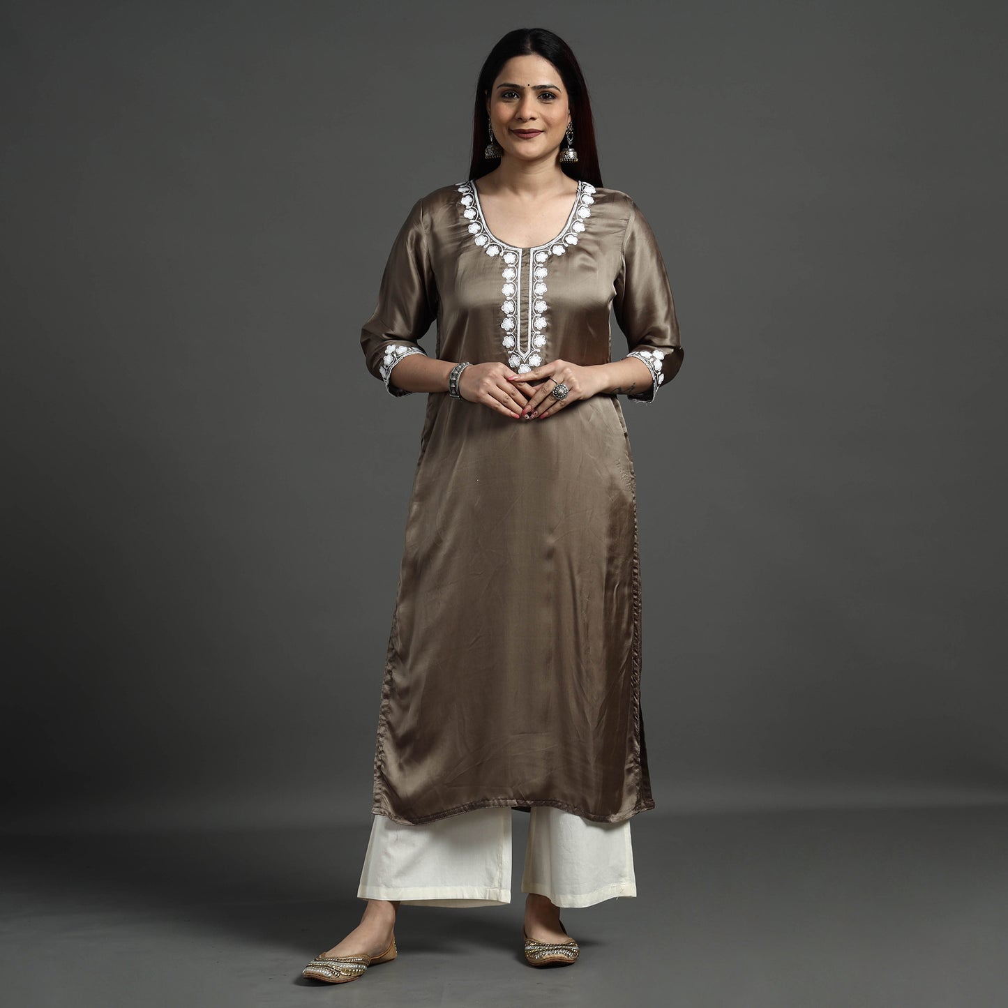 Buy Navy Blue Modal Silk Hand Embroidered Long Kurta l iTokri.com