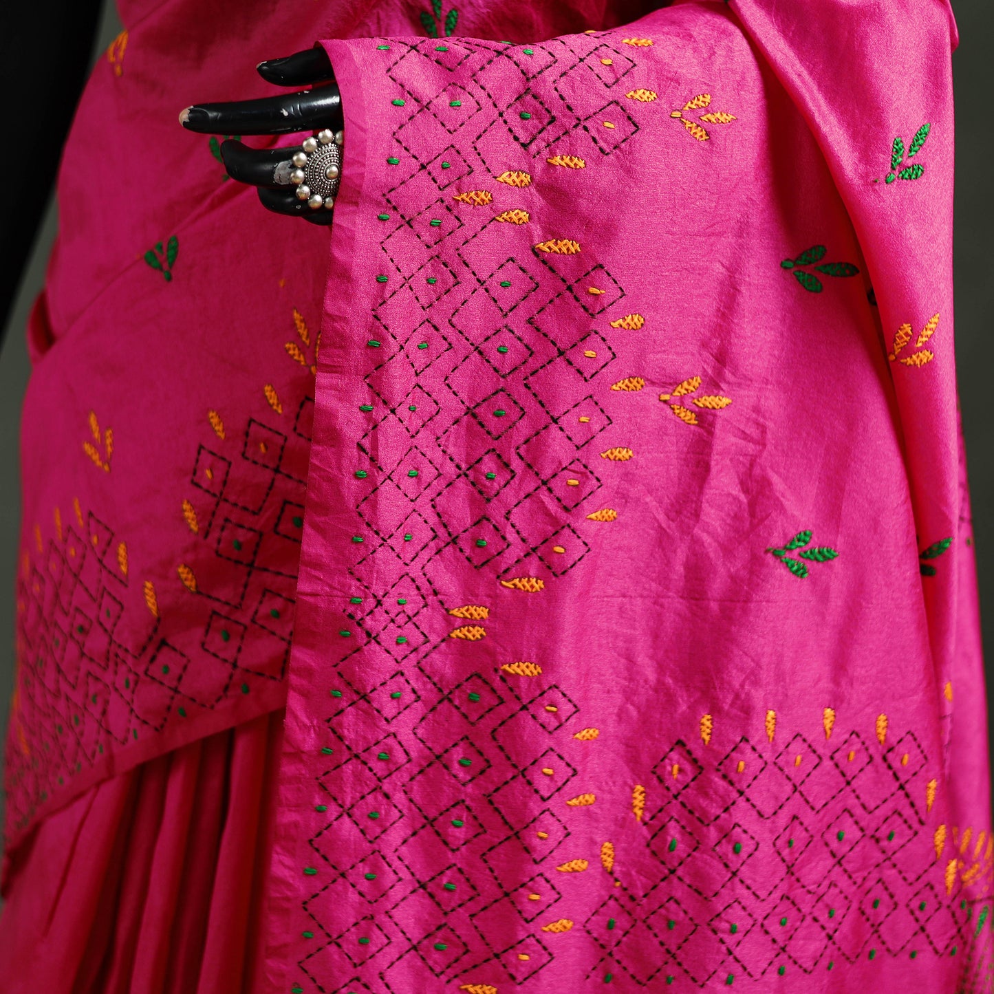 Pink - Bengal Nakshi Kantha Hand Embroidered Silk Saree 27
