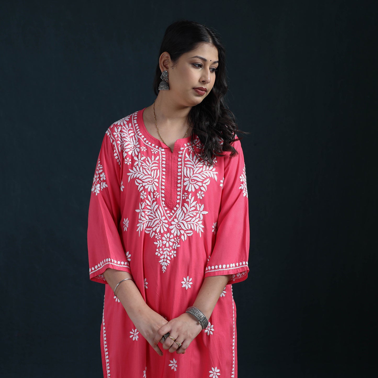 Pink - Hand Embroidered Rayon Chikankari Kurta with Pant Set for Women 07