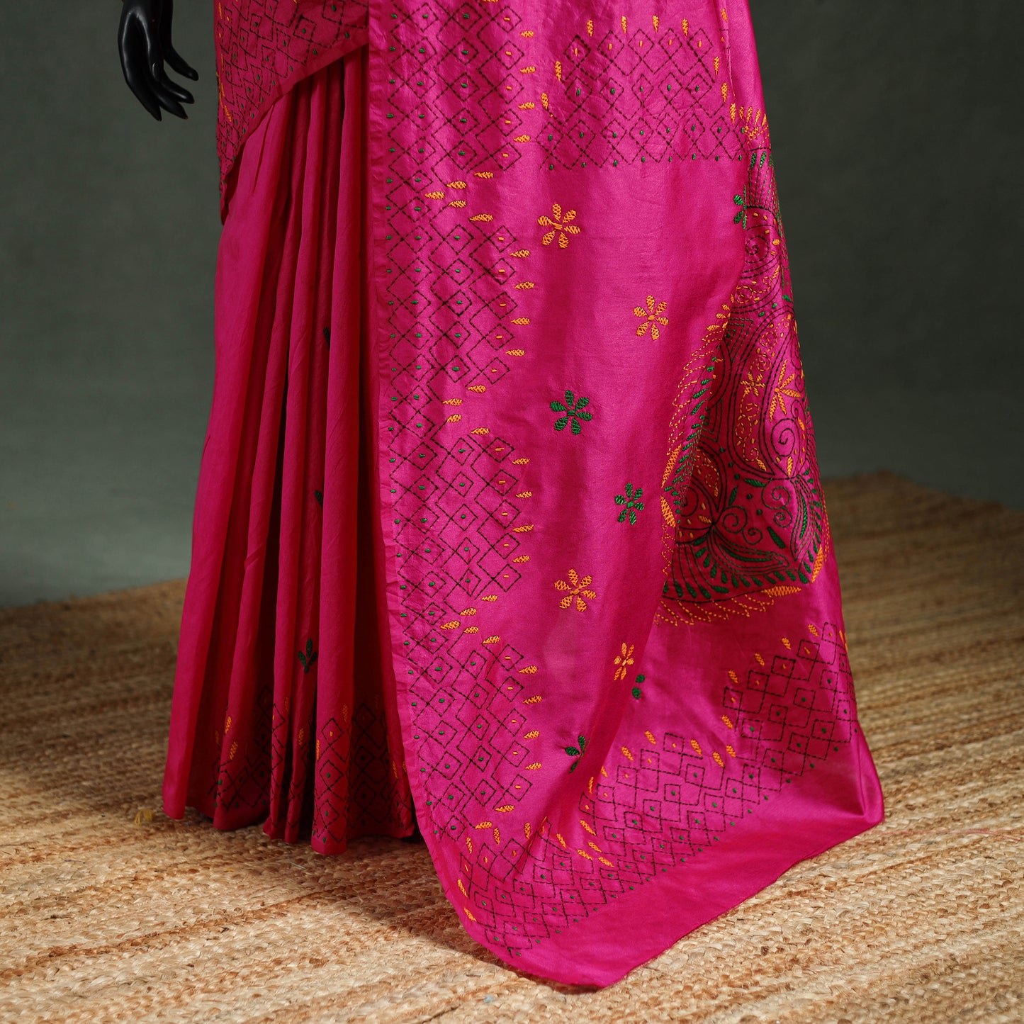 Pink - Bengal Nakshi Kantha Hand Embroidered Silk Saree 27