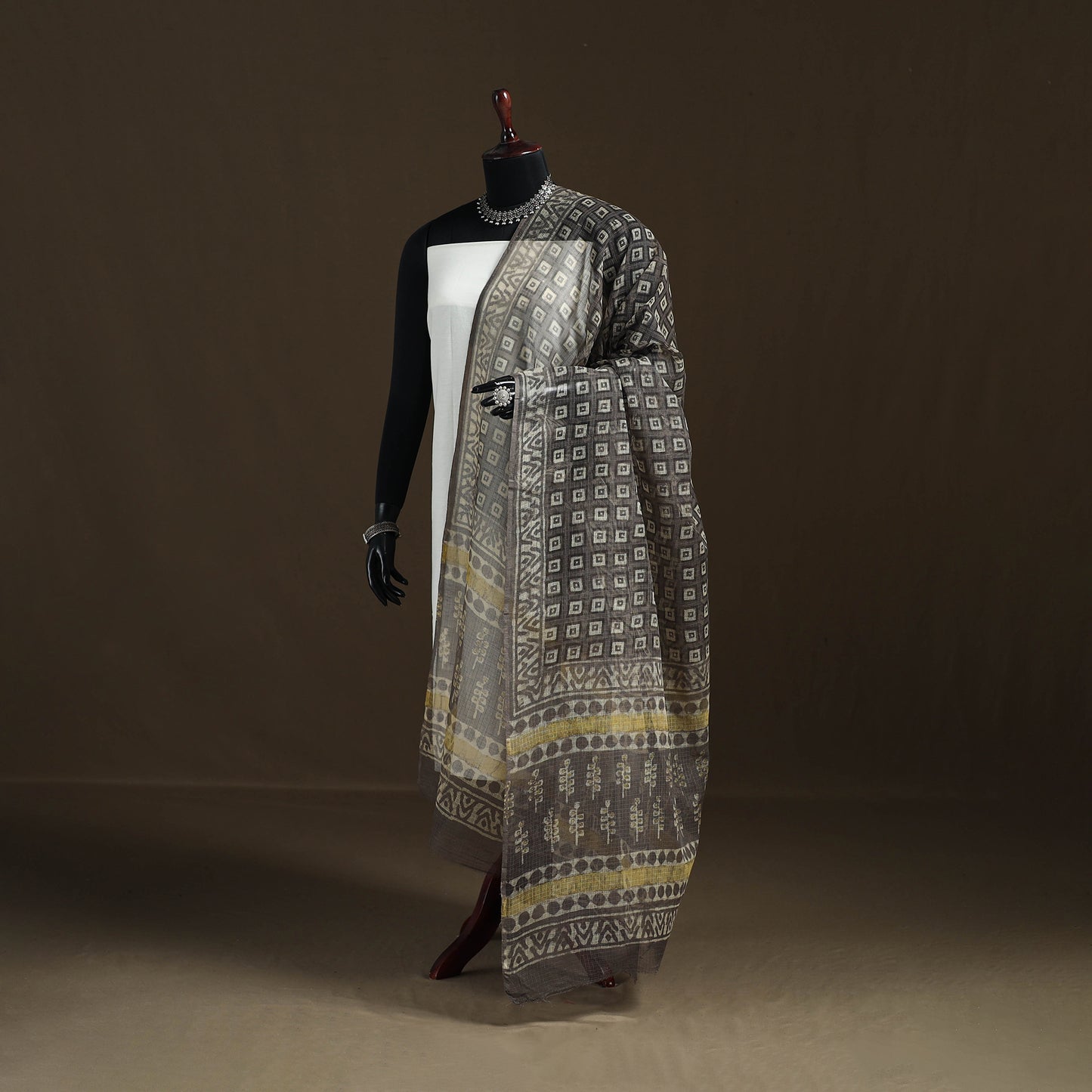 Grey - Gray - Ajrakh Vanaspati Hand Block Print Natural Dyed Kota Doria Cotton Dupatta 15
