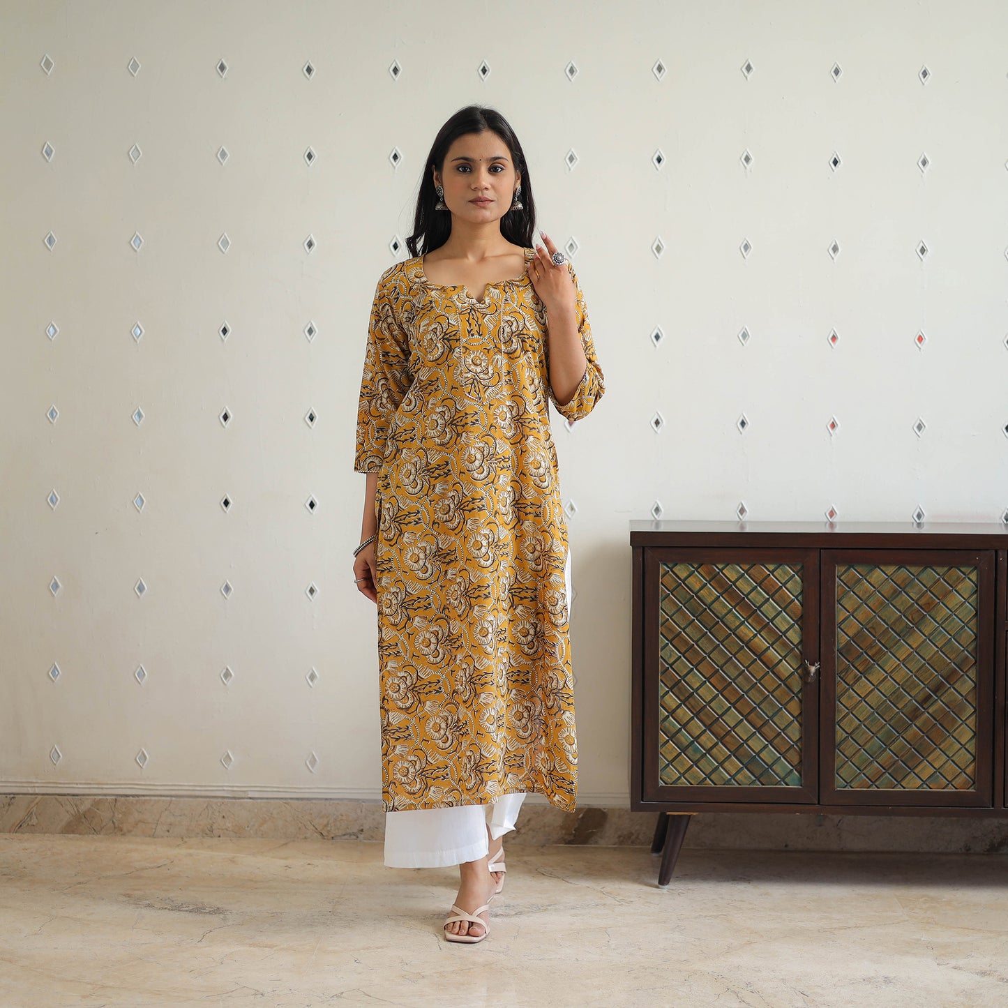 Yellow Block Printed Cotton Gota Work Long Bagru Kurta