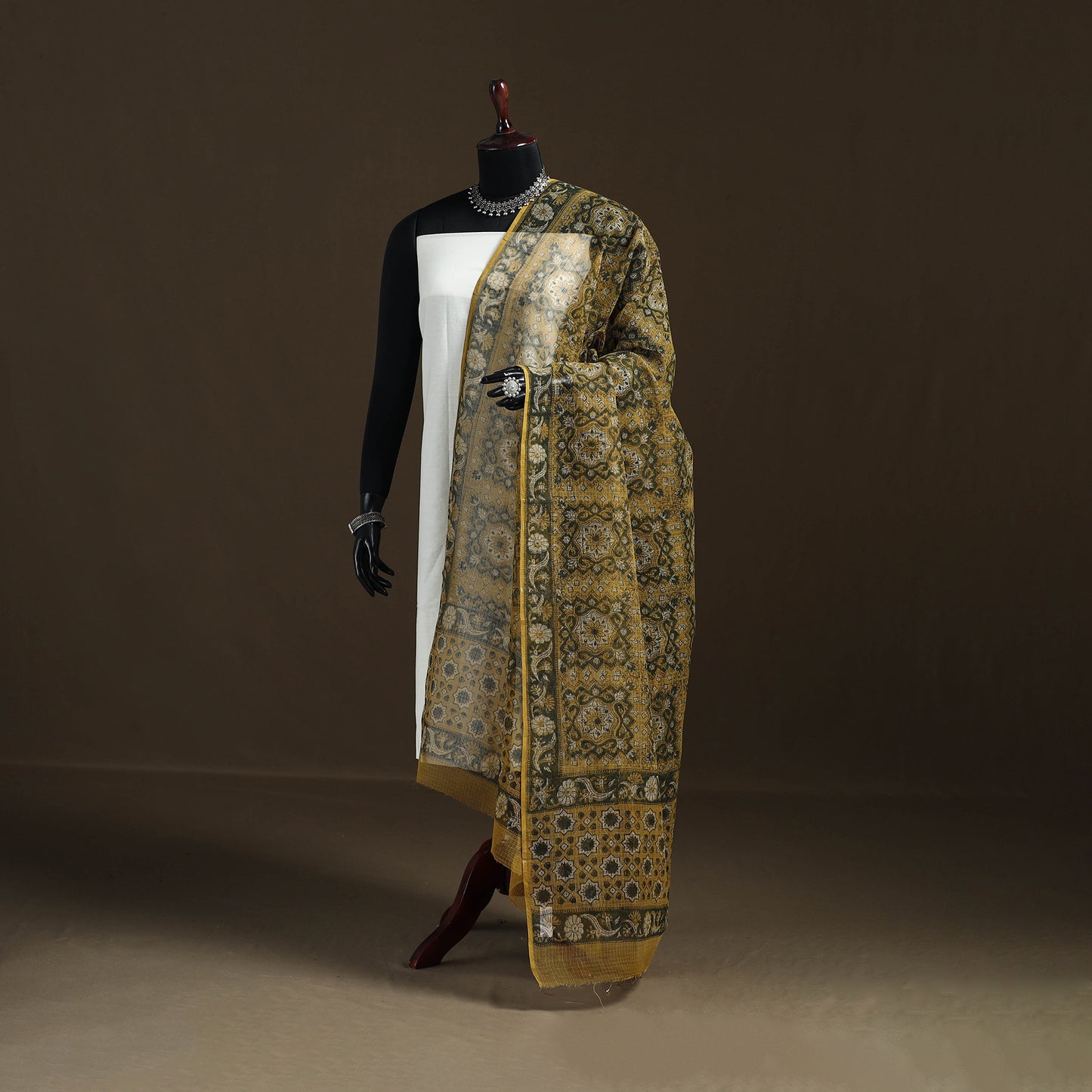 Yellow - Ajrakh Vanaspati Hand Block Print Natural Dyed Kota Doria Cotton Dupatta 16