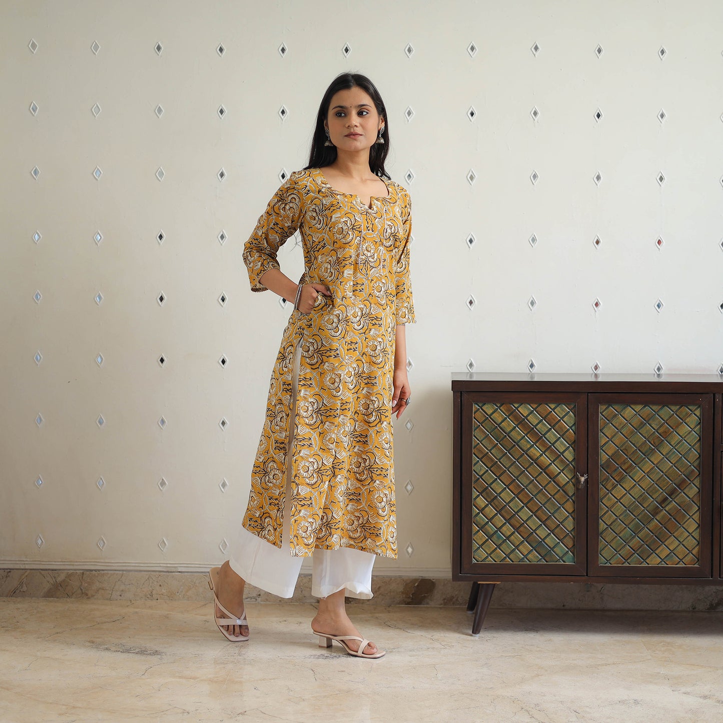 Yellow Block Printed Cotton Gota Work Long Bagru Kurta