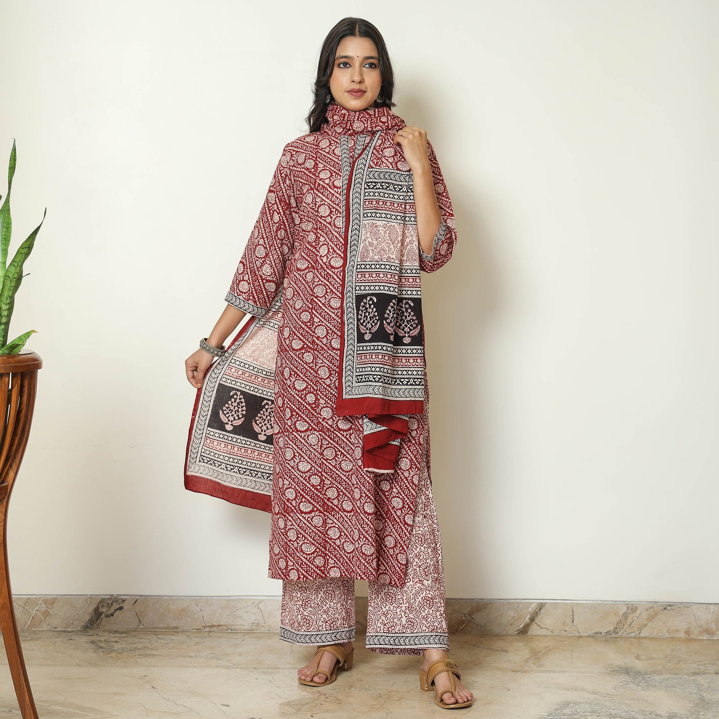 Red - Bagh Block Printed Cotton Kurta with Palazzo & Dupatta Set 14