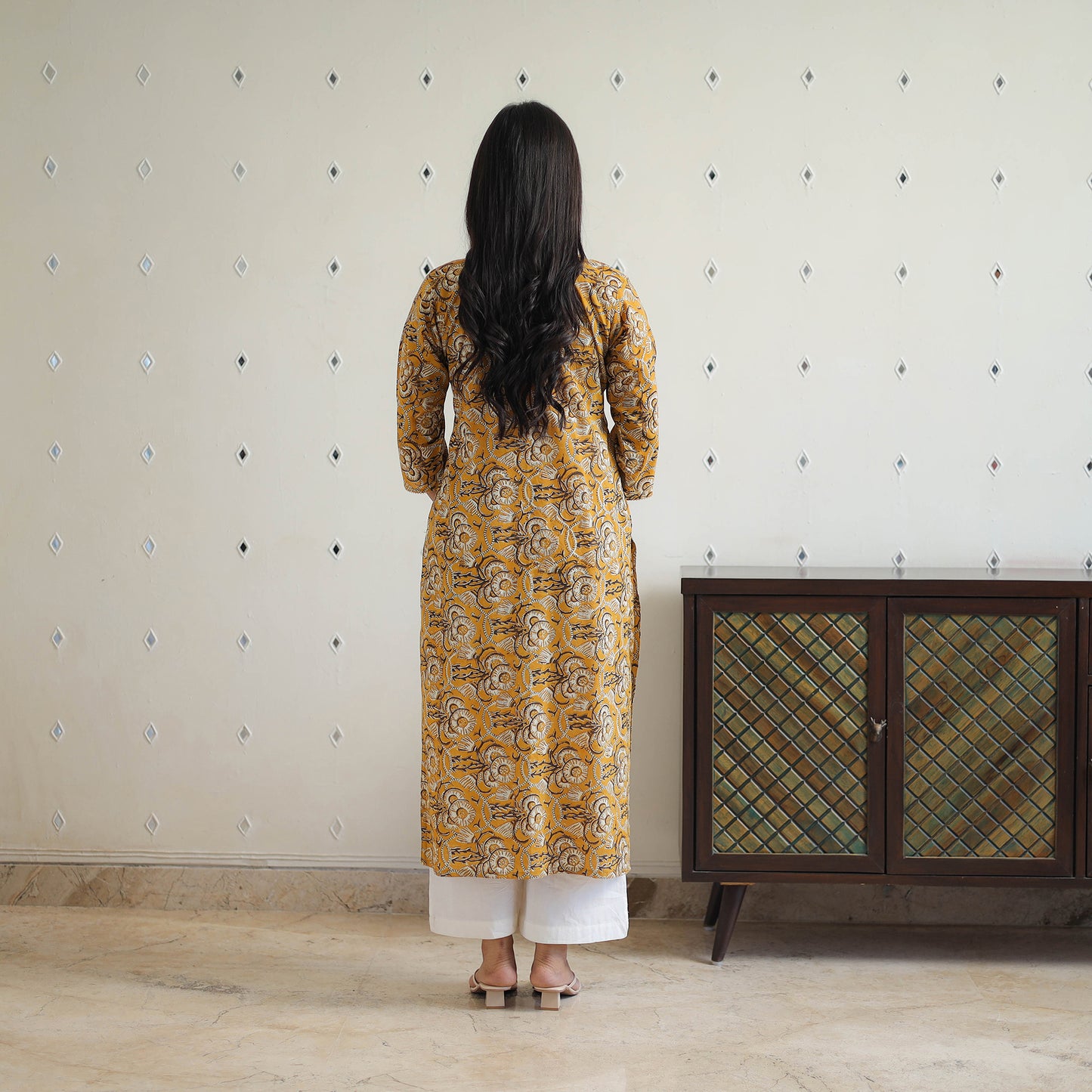 Yellow Block Printed Cotton Gota Work Long Bagru Kurta