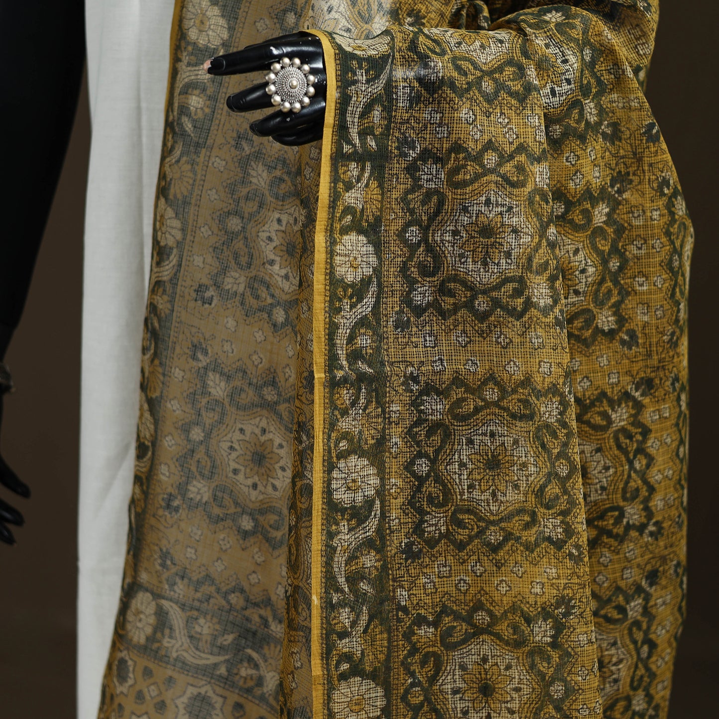 Yellow - Ajrakh Vanaspati Hand Block Print Natural Dyed Kota Doria Cotton Dupatta 16