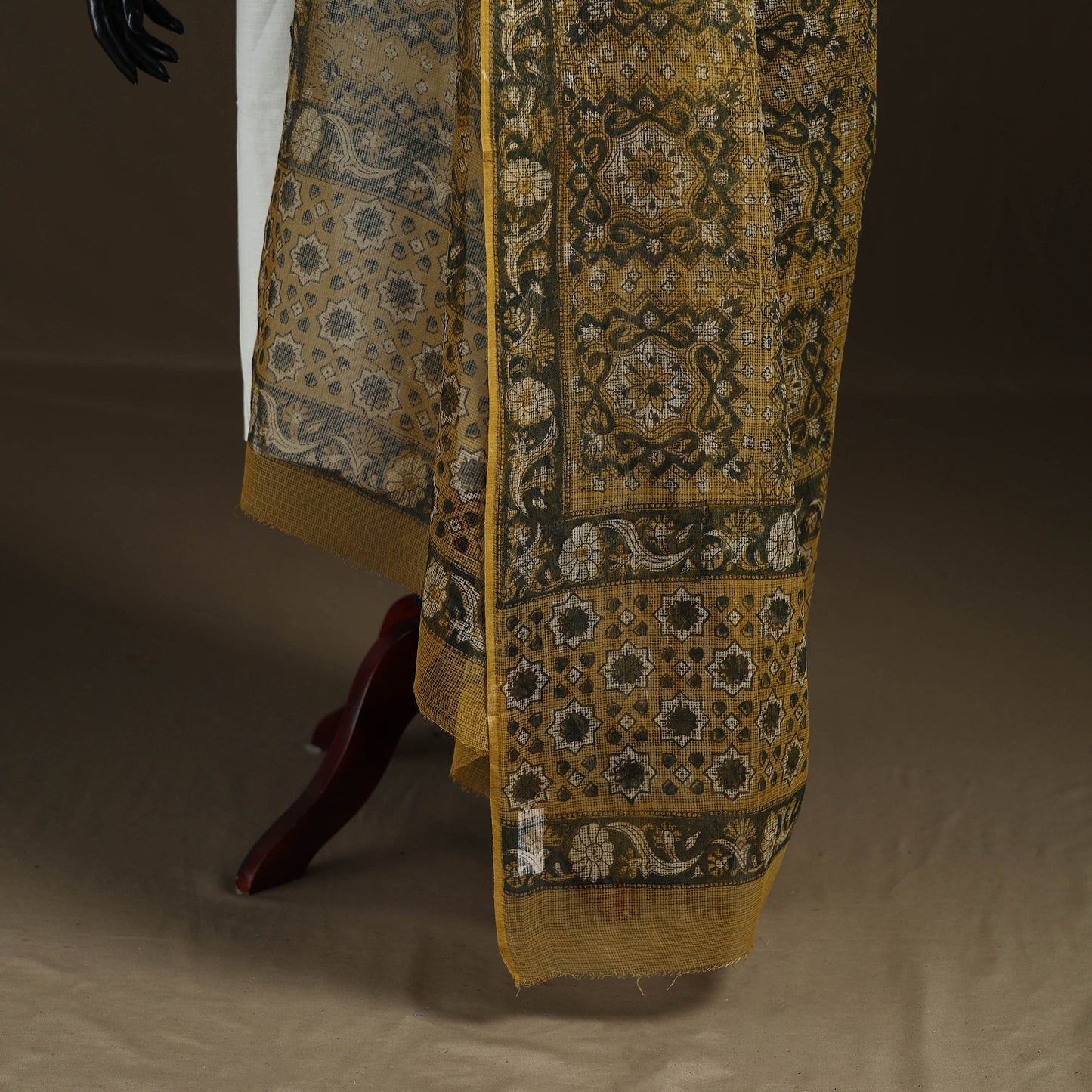 Yellow - Ajrakh Vanaspati Hand Block Print Natural Dyed Kota Doria Cotton Dupatta 16